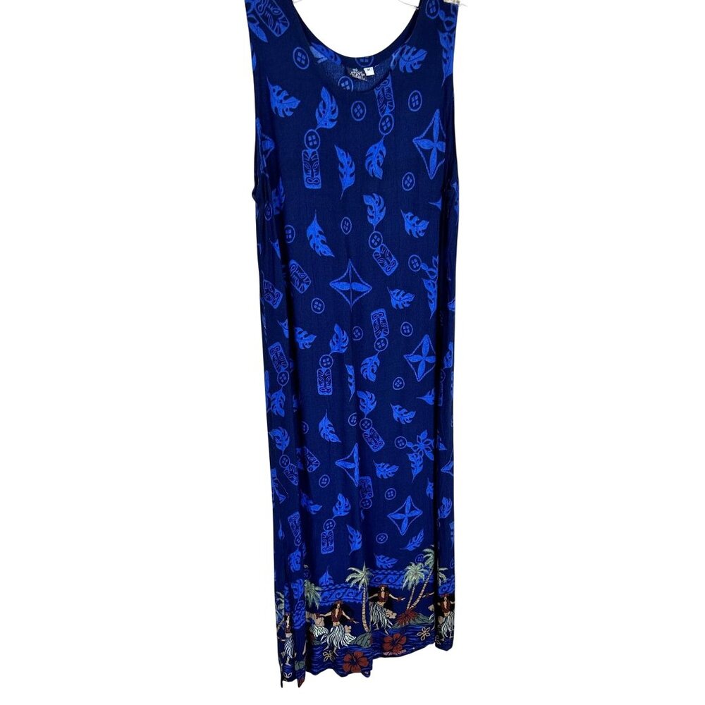 Hibiscus Collection Hawaii Blue Sleeveless Maxi Dress Polynesian Womens Medium